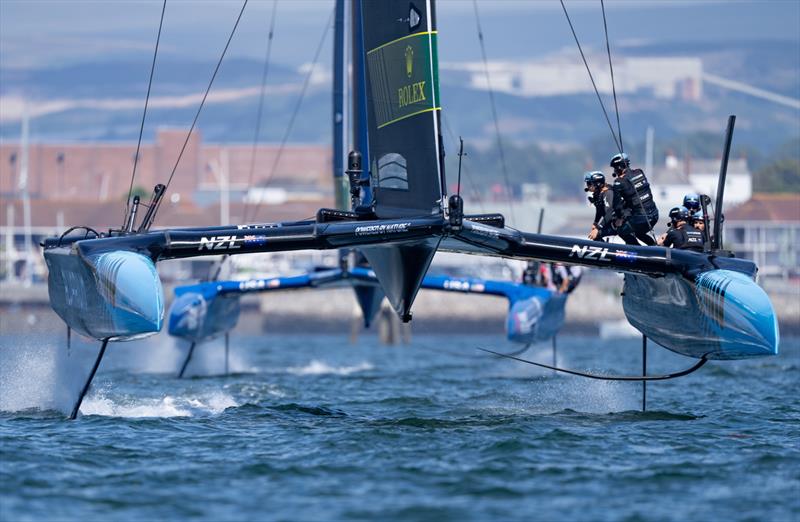 New Zealand SailGP Team during a practice session ahead of the Great Britain Sail Grand Prix | Plymouth in Plymouth, England. 29th July 2022 photo copyright Bob Martin/SailGP taken at Royal Plymouth Corinthian Yacht Club and featuring the F50 class
