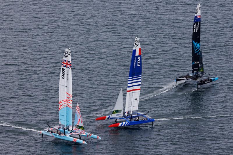 Great Britain SailGP Team, France SailGP Team and New Zealand SailGP Team in action on Race Day