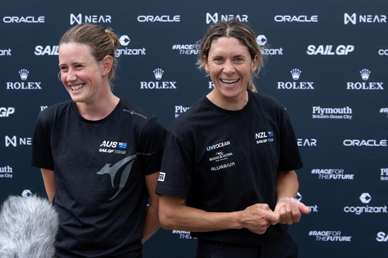 Lucy Copeland of Australia SailGP Team and Jo Aleh of New Zealand SailGP Team speak to the media following racing on Race Day 1 of the Great Britain Sail Grand Prix | Plymouth in Plymouth, England. 30th July 2022 - photo © Ricardo Pinto/ SailGP