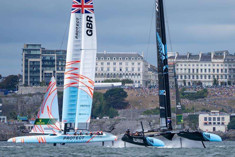 New Zealand SailGP Team  and Great Britain SailGP Team  in action on Race Day 1 of the Great Britain Sail Grand Prix | Plymouth in Plymouth, England. 30th July 2022  - photo © Bob Martin/SailGP