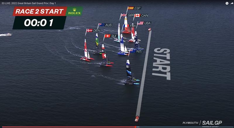Race 2 start (the start line changes from red to white at start time) - SailGP - Season 3 - SailGP Great Britain - Plymouth, July 30, 2022 - photo © SailGP