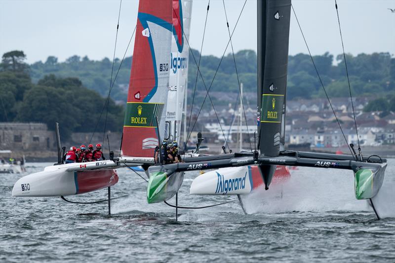Canada SailGP Team battle with Australia SailGP Team on Race Day 2 of the Great Britain Sail Grand Prix | Plymouth in Plymouth, England. 31st July - photo © Ricardo Pinto/SailGP