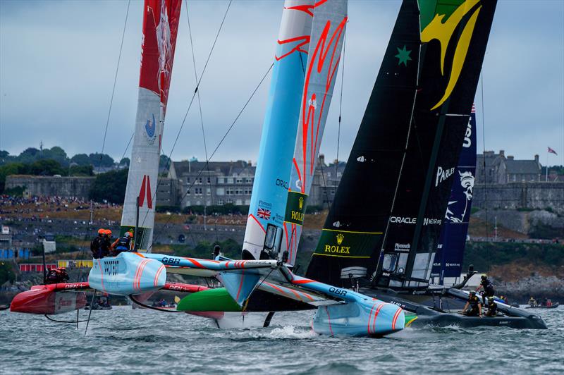 Great Britain SailGP Team, Denmark SailGP Team and Australia SailGP Team in action on Race Day 2 of the Great Britain Sail Grand Prix | Plymouth in Plymouth, England. July 31. Photo: Jon Super for SailGP. Handout image supplied by SailGP - photo © Jon Super/SailGP
