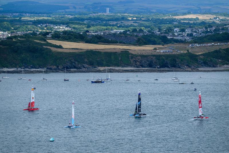 Spain SailGP Team, Great Britain SailGP Team, New Zealand SailGP Team and Denmark SailGP Team in action on Race Day 2 of the Great Britain Sail Grand Prix | Plymouth in Plymouth, England. 31st July  photo copyright Jon Super /SailGP taken at Royal Plymouth Corinthian Yacht Club and featuring the F50 class