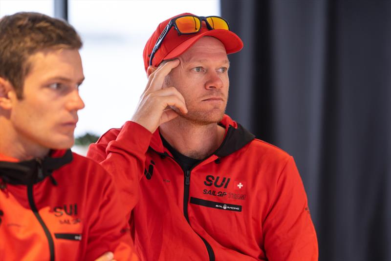 Nathan Outteridge currently with the Switzerland SailGP Team, listens to the skippers briefing prior to racing on Race Day 1 of the Great Britain Sail Grand Prix | Plymouth in Plymouth, England - photo © Ricardo Pinto/SailGP