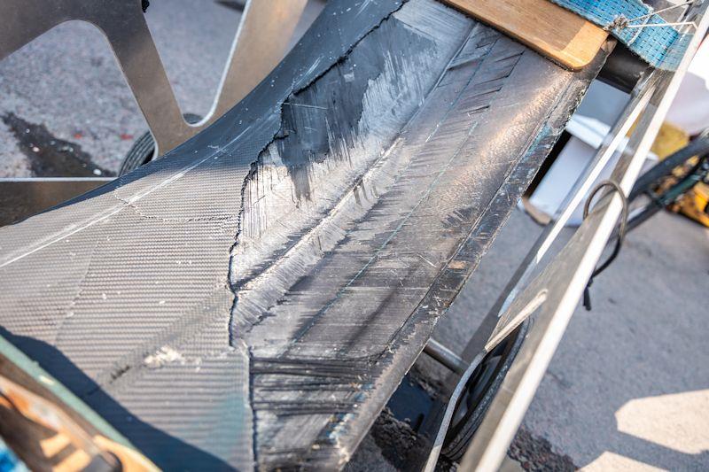 Detail of the damage sustained to the foil of the Great Britain SailGP Team F50 catamaran during a practice session ahead of the ROCKWOOL Denmark Sail Grand Prix in Copenhagen photo copyright C Gregory / Great Britain SailGP Team taken at Royal Danish Yacht Club and featuring the F50 class