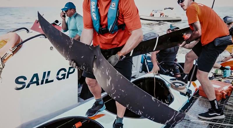 Damaged rudder foil removed - Great Britain SailGP - Rockwool Denmark SailGP, Copenhagen - photo © Great Britain SailGP