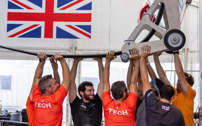 Members of the SailGP Technical team prepare the Great Britain SailGP Team F50 catamaran in the team hangar at the Technical Base ahead of the Rockwool Denmark Sail Grand Prix in Copenhagen, Denmark photo copyright David Gray / SailGP taken at Royal Danish Yacht Club and featuring the F50 class