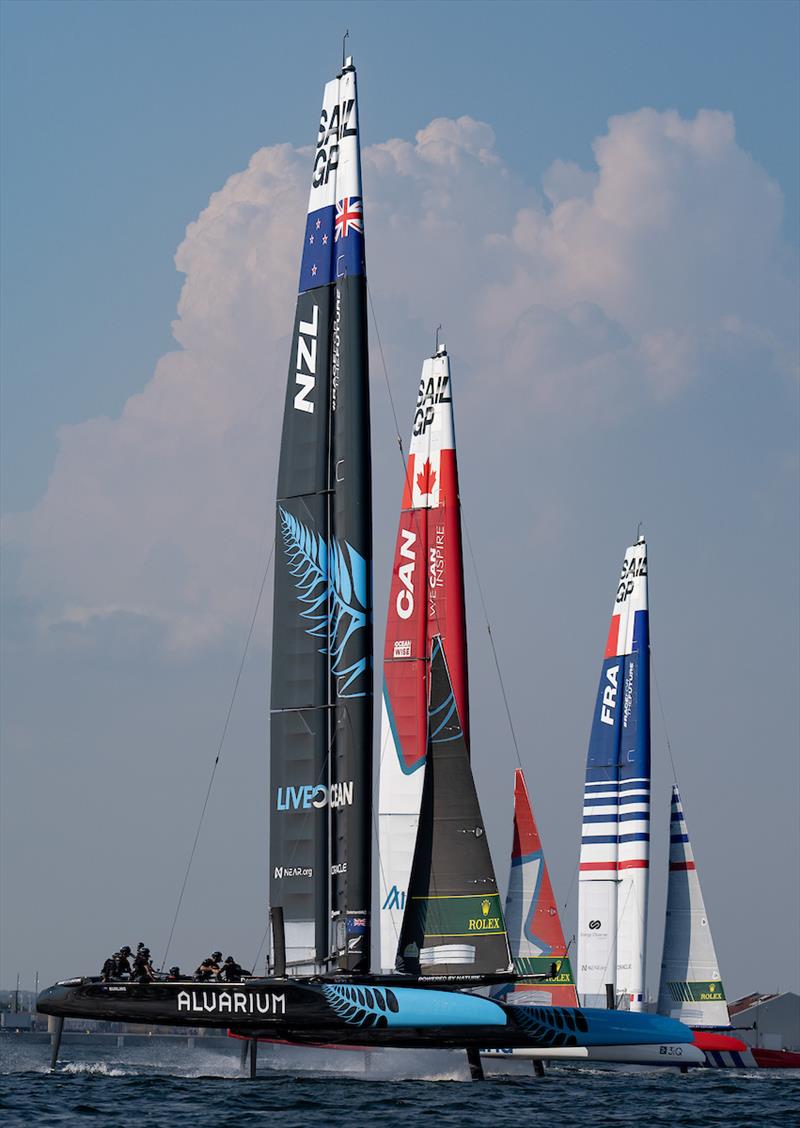 New Zealand SailGP Team, Canada SailGP Team  and France SailGP Team  in action during a practice session ahead of the Rockwool Denmark Sail Grand Prix in Copenhagen, Denmark. 18th August  photo copyright Bob Martin/SailGP taken at Royal New Zealand Yacht Squadron and featuring the F50 class