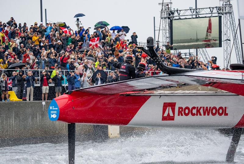 Denmark SailGP Team wave to the spectators as they are towed past the Race Village prior to racing on Race Day 1 of the ROCKWOOL Denmark Sail Grand Prix in Copenhagen, Denmark - photo © Bob Martin for SailGP