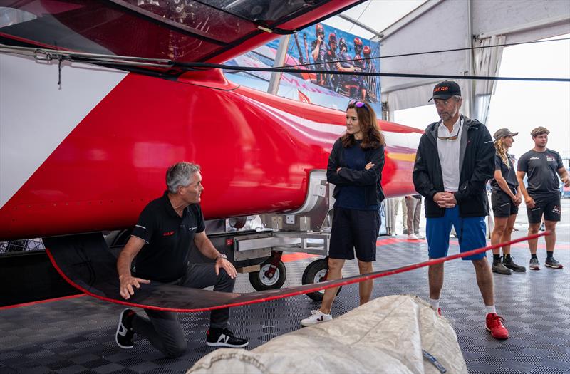 Sir Russell Coutts, SailGP CEO, gives an exclusive tour of the cutting-edge technology behind SailGP to Their Royal Highnesses, the Crown Prince Couple in the Denmark SailGP Team hangar at the Technical Base on Race Day 1  photo copyright Jon Buckle / SailGP taken at Royal Danish Yacht Club and featuring the F50 class