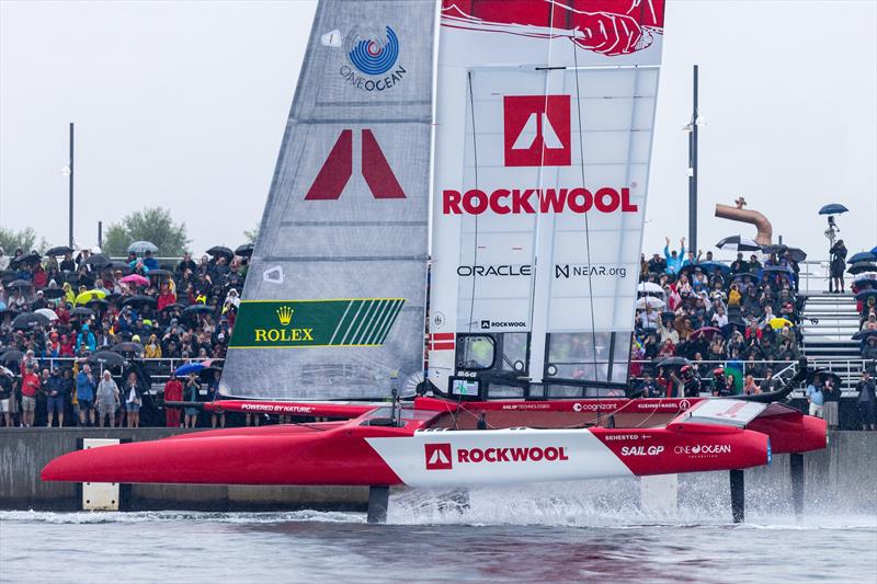 The Rockwool Denmark SailGP Team are towed past the spectators in the Race Village prior to racing on Race Day 1 of the Rockwool Denmark Sail Grand Prix in Copenhagen, Denmark. - photo © Felix Diemer/SailGP