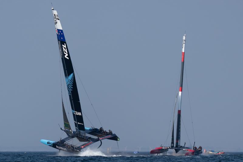 New Zealand SailGP Team in action alongside Switzerland SailGP Team during a practice session ahead of the Rockwool Denmark Sail Grand Prix in Copenhagen, Denmark photo copyright Bob Martin/SailGP taken at Royal Danish Yacht Club and featuring the F50 class