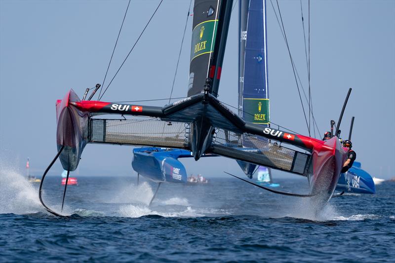 Switzerland SailGP Team  and USA SailGP Team in action during a practice session ahead of the Rockwool Denmark Sail Grand Prix in Copenhagen, Denmark photo copyright Bob Martin/SailGP taken at Royal Danish Yacht Club and featuring the F50 class