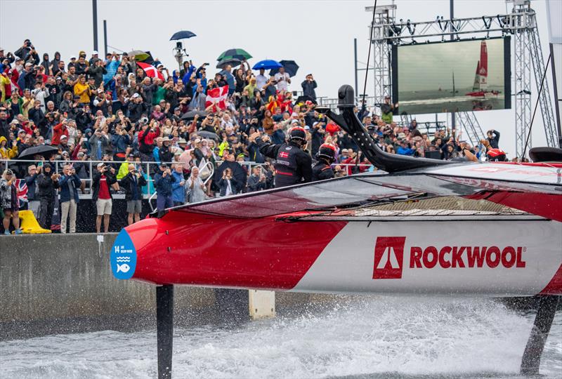 Denmark SailGP Team wave to the spectators as they are towed past the Race Village prior to racing on Race Day 1 of the Rockwool Denmark Sail Grand Prix in Copenhagen, Denmark. - photo © Bob Martin/SailGP