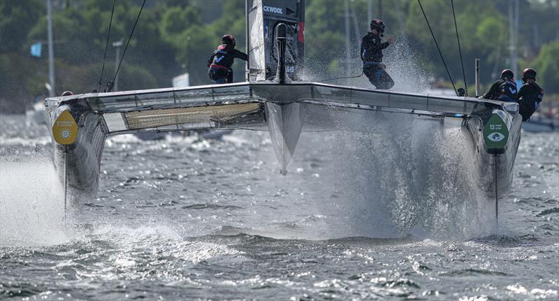 The Switzerland SailGP Team helmed by Nathan Outteridge in action on Race Day 2 of the  Denmark Sail Grand Prix in Copenhagen, Denmark. 20th August . Photo: Ricardo Pinto for SailGP. Handout image supplied by SailGP - photo © Ricardo Pinto/SailGP