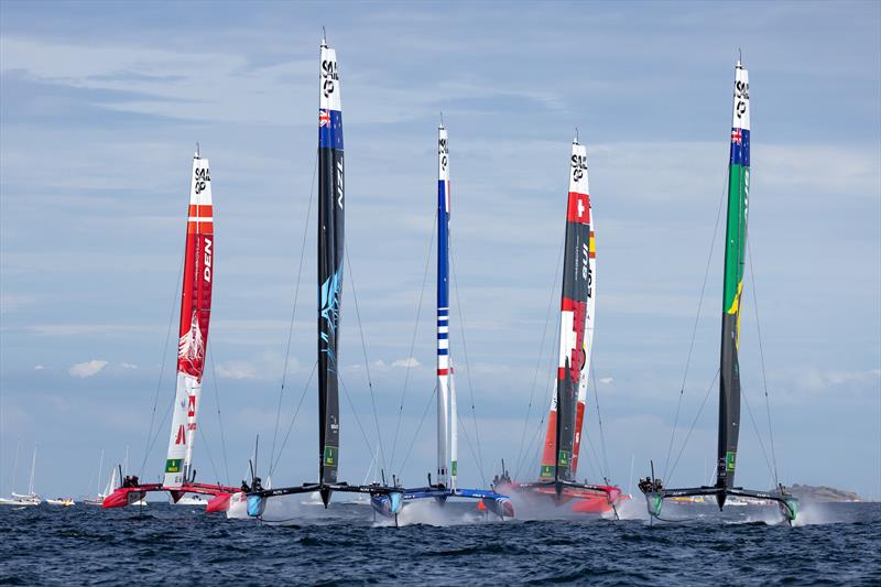 The fleet in action on Race Day 2 of the Denmark Sail Grand Prix in Copenhagen, photo copyright Felix Diemer/SailGP taken at Royal Danish Yacht Club and featuring the F50 class