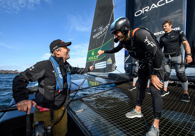 HRH Crown Prince Frederik of Denmark congratulates Blair Tuke, Co-CEO and wing trimmer of New Zealand SailGP Team, after New Zealand SailGP Team win the Denmark Sail Grand Prix in Copenhagen, photo copyright Ricardo Pinto/SailGP taken at Royal Danish Yacht Club and featuring the F50 class