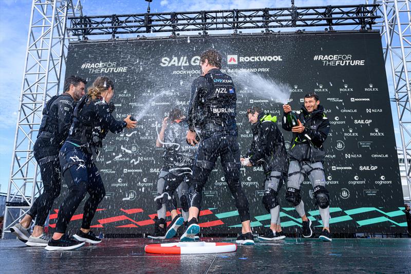 The New Zealand SailGP Team spray champagne and celebrate after winning the Denmark Sail Grand Prix in Copenhagen, - photo © Jon Buckle/SailGP