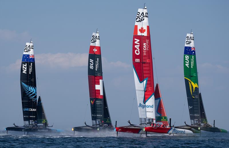 New Zealand SailGP Team , Switzerland SailGP Team , Canada SailGP Team  and Australia SailGP Team  in action during a practice session ahead of the Denmark Sail Grand Prix in Copenhagen, Denmark. 18th August photo copyright Bob Martin/SailGP taken at Royal Danish Yacht Club and featuring the F50 class