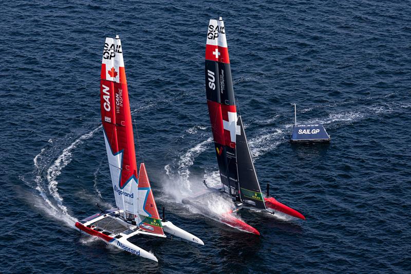 Canada SailGP Team and Switzerland SailGP Team in action during a practice session ahead of the of the Denmark Sail Grand Prix in Copenhagen, Denmark. 18th August  photo copyright David Gray / SailGP taken at Royal Danish Yacht Club and featuring the F50 class