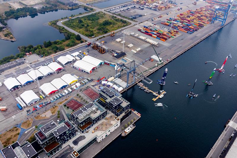 An aerial view of the Technical Base as the F50 catamarans are craned onto the water ahead of racing on Race Day 1 of the Denmark Sail Grand Prix in Copenhagen, Denmark. 19th August  - photo © David Gray / SailGP