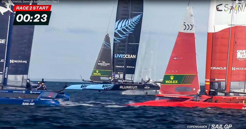 1. 23 secs from the start of Race 2 LiveOcean (NZL) is up and foiling, ESP and USAare still in dosplacement mode - SailGP Copenhagen - August - photo © SailGP Media