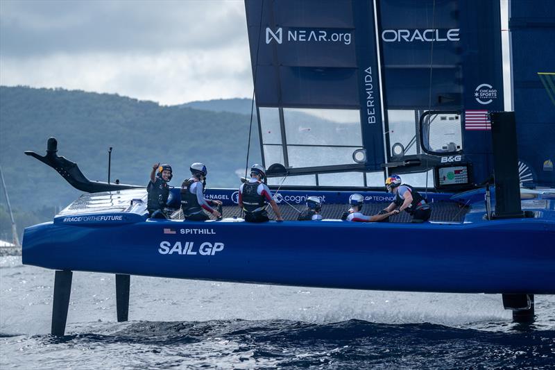 Sergio Perez, Red Bull Racing Formula One driver, gives a thumbs up as he sits behind Jimmy Spithill, CEO & driver of USA SailGP Team - Range Rover France Sail Grand Prix in Saint Tropez, France. 6th September  - photo © Jon Buckle/SailGP