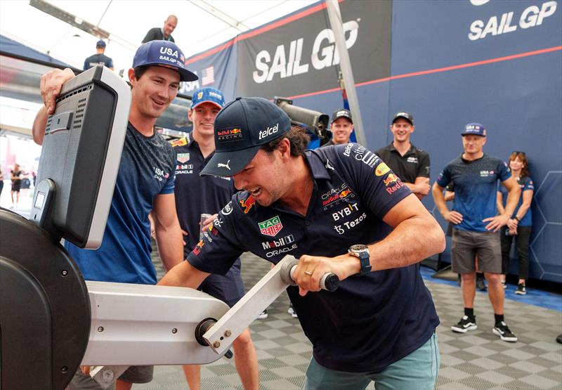 Sergio Perez, Red Bull Racing Formula One driver, tries out the grinding machine in the USA SailGP Team hangar -  Range Rover France Sail Grand Prix in Saint Tropez - photo © Adam Warner/SailGP