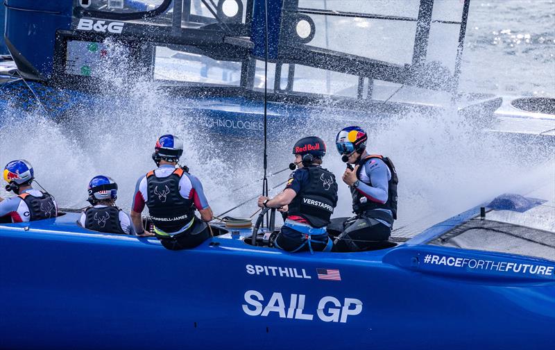 Max Verstappen, Red Bull Racing Formula One driver, at the wheel as he leads the USA SailGP Team during a  against Australia SailGP Team - Range Rover France Sail Grand Prix in Saint Tropez - photo © David Gray/SailGP