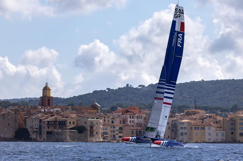 France SailGP Team sail past the bell tower and old town of Saint Tropez during a practice session ahead of the Range Rover France Sail Grand Prix in Saint Tropez photo copyright David Gray/SailGP taken at Société Nautique de Saint-Tropez and featuring the F50 class