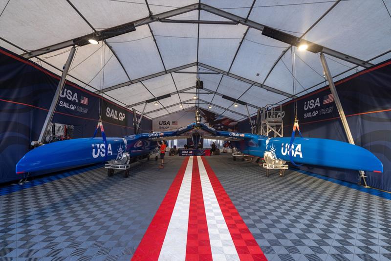 View of the USA SailGP Team hangar with the team's F50 inside at the Technical Base ahead of the Range Rover France Sail Grand Prix in Saint Tropez - photo © Felix Diemer/SailGP