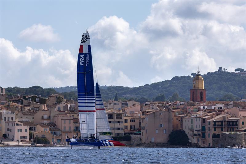 France SailGP Team sail past the bell tower and old town of Saint Tropez during a practice session ahead of the Range Rover France Sail Grand Prix in Saint Tropez photo copyright David Gray/SailGP taken at Société Nautique de Saint-Tropez and featuring the F50 class