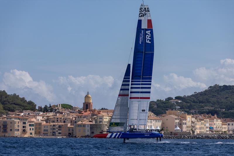 France SailGP Team sail past the bell tower and old town ahead of the Range Rover France Sail Grand Prix in Saint Tropez photo copyright David Gray/SailGP taken at Société Nautique de Saint-Tropez and featuring the F50 class