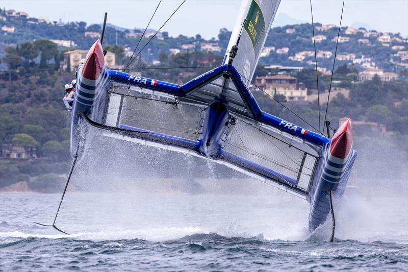 France SailGP Team leaps out of the water during a practice session ahead of the Range Rover France Sail Grand Prix in Saint Tropez, France photo copyright David Gray/SailGP taken at Société Nautique de Saint-Tropez and featuring the F50 class
