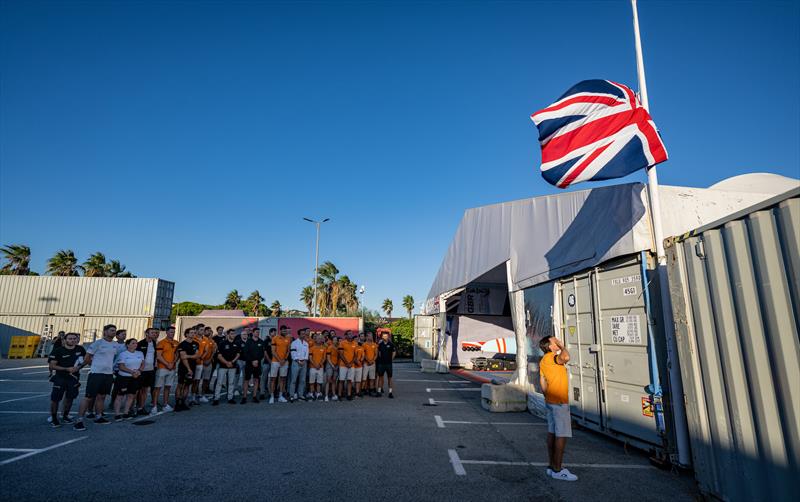 The Great Britain SailGP Team, Australia SailGP Team, New Zealand SailGP Team and Canada SailGP Team gather as the Union flag is lowered to half-mast at the Great Britain SailGP Team hangar following the announcement of the death of HM Queen Elizabeth II  photo copyright Jon Buckle/SailGP taken at Société Nautique de Saint-Tropez and featuring the F50 class