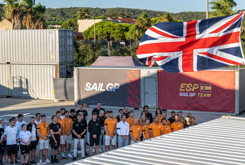 The Great Britain SailGP Team, Australia SailGP Team, New Zealand SailGP Team and Canada SailGP Team gather as the Union Jack is lowered to half-mast at the  British base photo copyright Ricardo Pinto/SailGP taken at Société Nautique de Saint-Tropez and featuring the F50 class