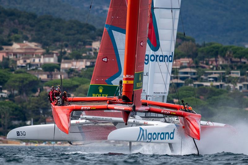 Spain SailGP Team helmed by Jordi Xammar leads Canada SailGP Team helmed by Phil Robertson during a practice session ahead of the Range Rover France Sail Grand Prix in Saint Tropez, France photo copyright Ricardo Pinto/SailGP taken at Société Nautique de Saint-Tropez and featuring the F50 class