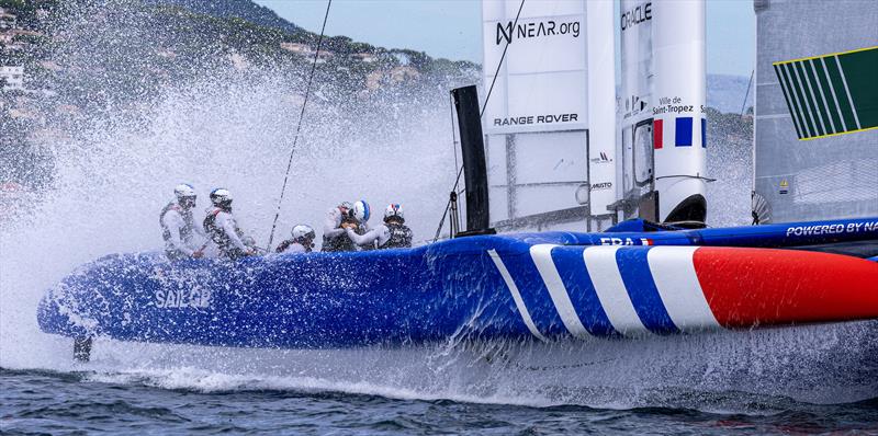 France SailGP Team helmed by Quentin Delapierre nose dive during a practice session ahead of the Range Rover France Sail Grand Prix in Saint Tropez, France. 8th September  photo copyright David Gray/SailGP taken at Société Nautique de Saint-Tropez and featuring the F50 class