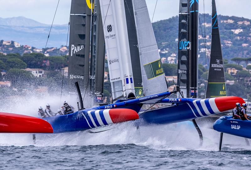 France SailGP Team helmed by Quentin Delapierre leap out of the water during a practice session ahead of the Range Rover France Sail Grand Prix in Saint Tropez, France. 8th September  - photo © David Gray/SailGP