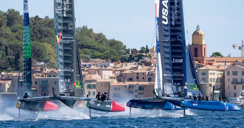 Australia SailGP Team, Switzerland SailGP Team and Great Britain SailGP Team onboard the USA SailGP Team during a practice session ahead of the Range Rover France Sail Grand Prix in Saint Tropez, France photo copyright Bob Martin for SailGP taken at  and featuring the F50 class