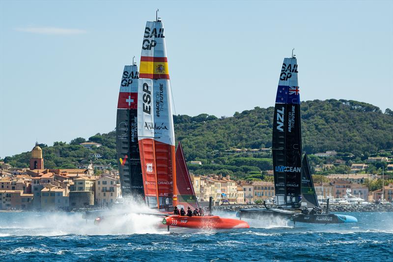 Switzerland SailGP Team, Spain SailGP Team, and New Zealand SailGP Team in action ahead of the Range Rover France Sail Grand Prix in Saint Tropez,  photo copyright Ricardo Pinto/SailGP taken at Société Nautique de Saint-Tropez and featuring the F50 class