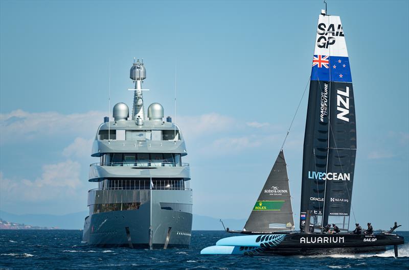 New Zealand SailGP Team helmed by Peter Burling sails past the Superyacht Savannah ahead of the Range Rover France Sail Grand Prix in Saint Tropez photo copyright Ricardo Pinto/SailGP taken at Société Nautique de Saint-Tropez and featuring the F50 class