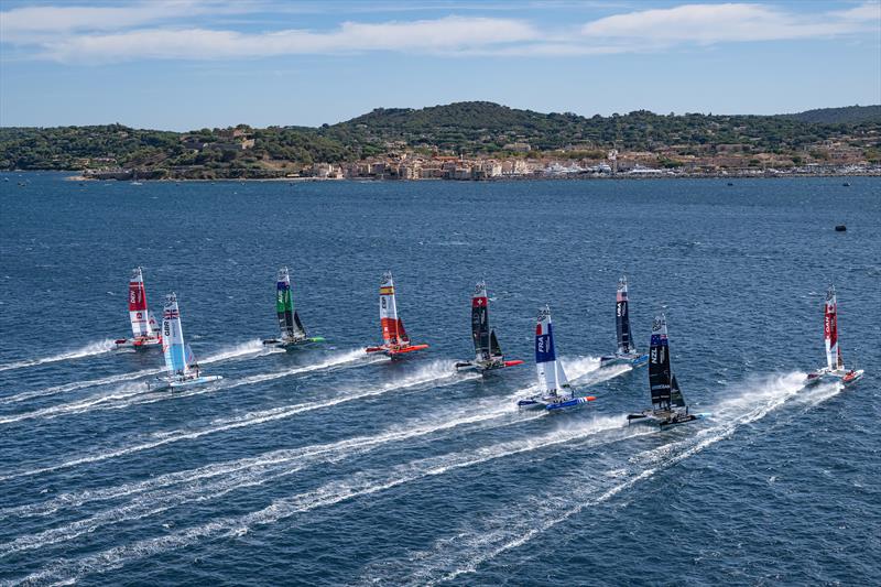 The SailGP F50 catamaran fleet on Race Day 1 of the Range Rover France Sail Grand Prix in Saint Tropez, France photo copyright Jon Buckle /SailGP taken at Société Nautique de Saint-Tropez and featuring the F50 class