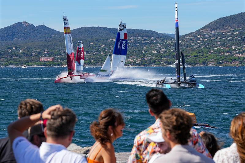 Spain SailGP Team, Canada SailGP Team, France SailGP Team and New Zealand SailGP Team in action as spectators watch on from the Fan Village on Race Day 1 of the Range Rover France Sail Grand Prix in Saint Tropez, France - photo © Andrew Baker/SailGP
