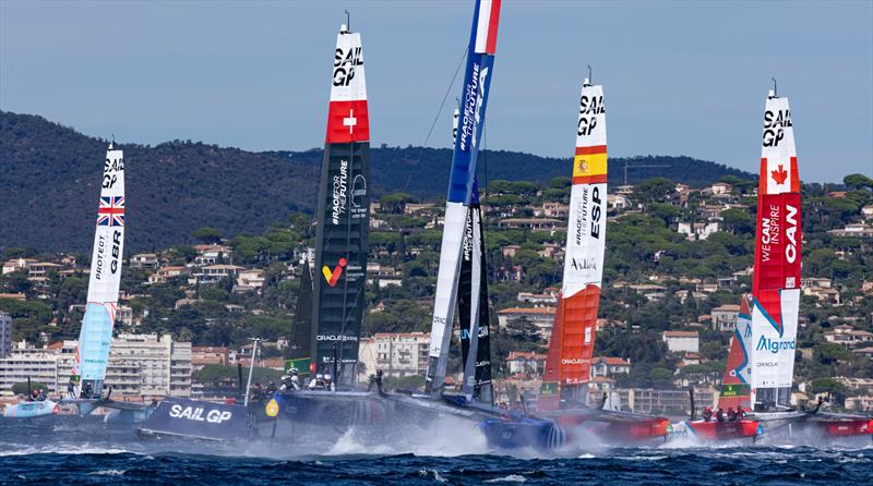 The SailGP fleet on Race Day 1 of the Range Rover France Sail Grand Prix in Saint Tropez, France photo copyright David Gray /SailGP taken at Société Nautique de Saint-Tropez and featuring the F50 class