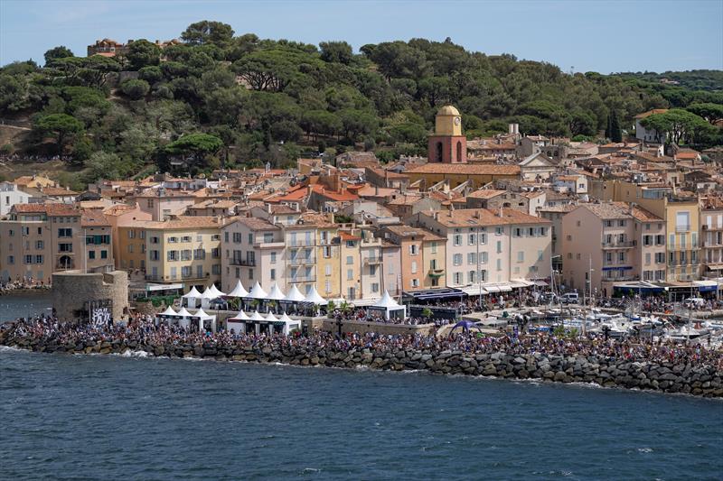 An aerial view of spectators and the Race Village on Race Day 1 of the Range Rover France Sail Grand Prix in Saint Tropez, France - photo © Jon Buckle/SailGP