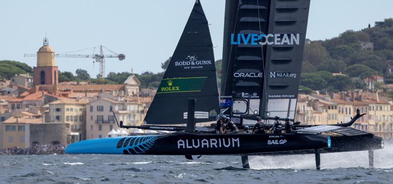 New Zealand SailGP Team helmed by Peter Burling sails past the bell tower and old town of Saint Tropez on Race Day 1 of the Range Rover France Sail Grand Prix in Saint Tropez, France photo copyright Felix Diemer/SailGP taken at Société Nautique de Saint-Tropez and featuring the F50 class