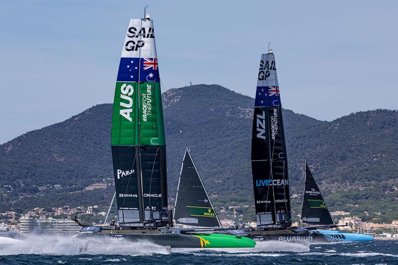 Australia SailGP Team helmed by Tom Slingsby and New Zealand SailGP Team helmed by Peter Burling on Race Day 1 of the Range Rover France Sail Grand Prix in Saint Tropez, France photo copyright David Gray for SailGP taken at  and featuring the F50 class
