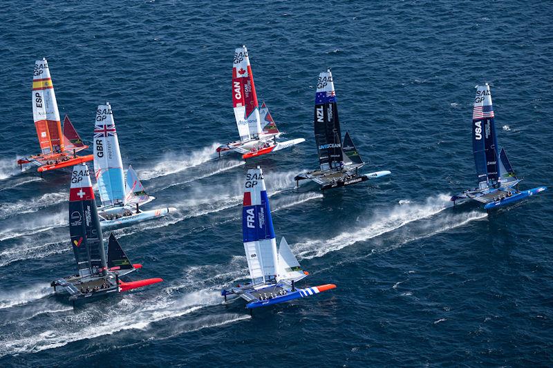 The SailGP F50 catamaran fleet on Race Day 1 of the Range Rover France Sail Grand Prix in Saint Tropez, France photo copyright Jon Buckle for SailGP taken at  and featuring the F50 class